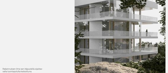 Modern white multi-storey building with balconies, surrounded by trees and a large rock in the foreground.