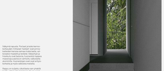 A grey stairwell leads to a corridor with a view to green trees through metal railings.