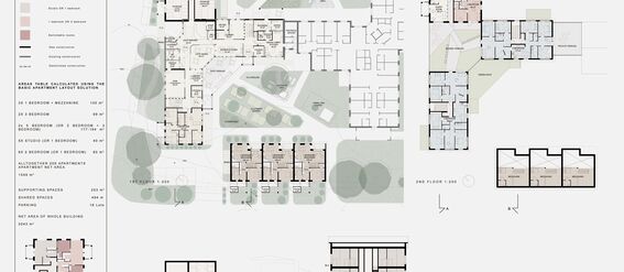 Architectural floor plans with detailed apartment layouts and outdoor areas in shades of pink, green and grey. Including areas table and section A.