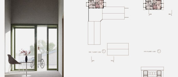 Left: minimalist room with green-framed doors and wheelchair on balcony. Right: detailed architectural floor plans and building section.