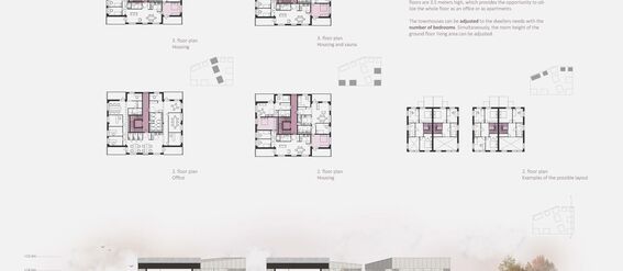 Various floor plans showing areas for residential, office, and sauna. Section view of the building with trees at the bottom. Pictures are with pastel colors. 