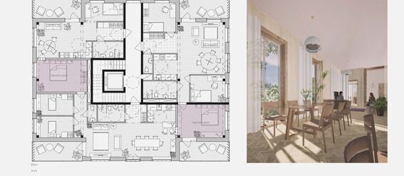 An apartment floor plan showing rooms and furnishings alongside a visualization of the view from the living room with large windows and wooden furniture. 