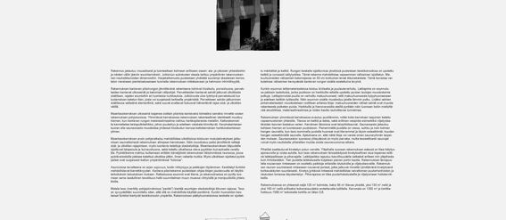 Black and white photo of a building with repetitive rectangular sections. Below it is text in Finnish with architectural drawings.