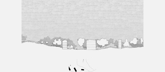 A section drawing showing buildings and trees. A small map showing location of the section. Pictures are black and white.