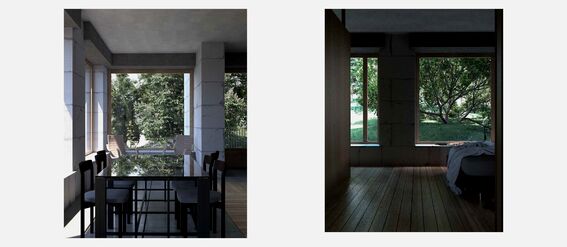 Two images show modern interiors: a dining area with a glass table, and a bedroom with a bed near large windows. Both rooms have large windows overlooking greenery.