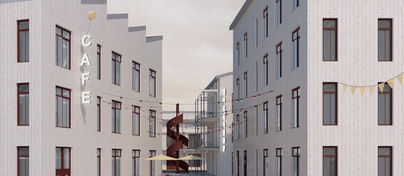Illustration of the architectural design: People standing outside a cafe between two buildings with large windows. A spiral staircase is in the background.