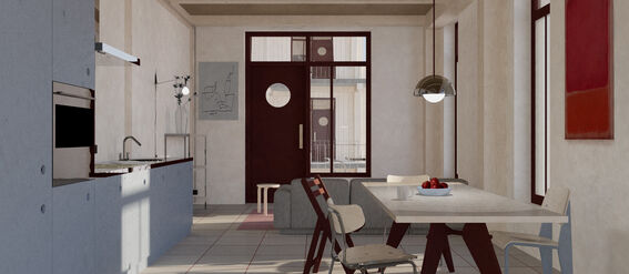 Illustration of the apartment: Modern kitchen and dining area with grey cabinets, a table, three different chairs, and a bowl of fruit on the table.