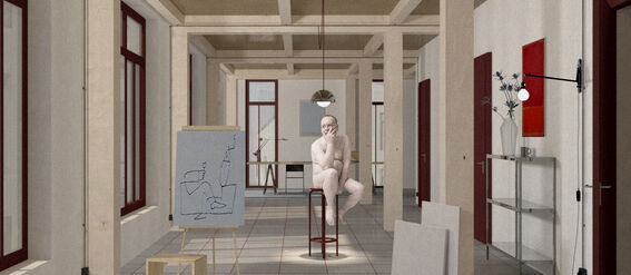 Illustration of the designed space: A spacious room with red-framed windows, a mannequin on a stool, an easel, some sketches, and a bowl with red apples.