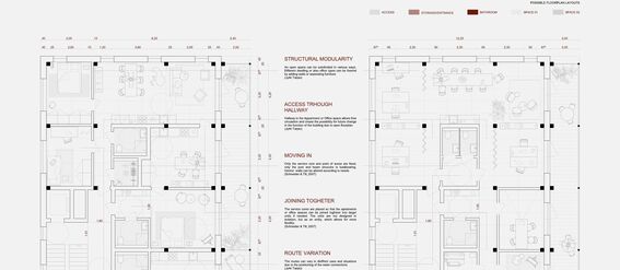 Architectural floor plan showing adaptability features such as structural modularity and access through hallway.