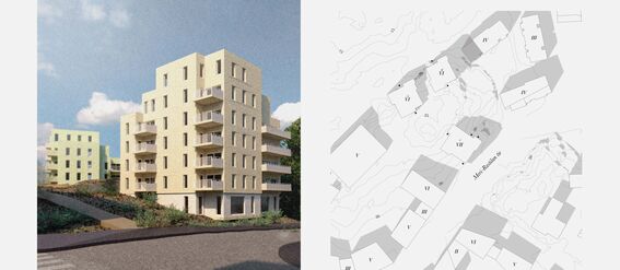 Illustration of two pale yellow apartment buildings with balconies, situated on a slope. A black and white site plan is visible on the right.