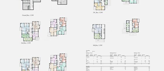 Architectural floor plans for various storeys of buildings A and B, detailing room layouts and area measurements.