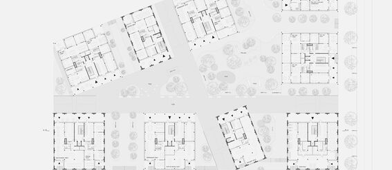 A detailed architectural site plan showing 1. floor plans of buildings, surrounding greenery, and pathways. Labels and measurements are visible. 