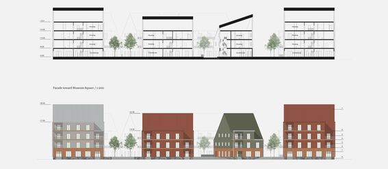 Architectural drawing with sections and facades of buildings with trees. Red, green, and grey roofs and facades. 