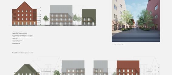 Architectural drawings showing building facades from different directions with varied roof shapes and colors. Includes rendered street view with trees. 