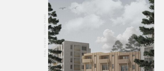 Architectural rendering of a modern building complex with trees and people in the foreground under a cloudy sky.