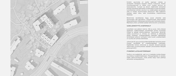 A black and white site plan showing buildings. Surrounding roads, trees and paths are visible.