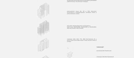 Technical drawing of various reused structures with Finnish text descriptions on a white background.