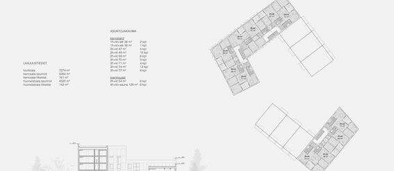 Architectural floor plans and building section. Includes dimensions, flat types, and layout in black and white.