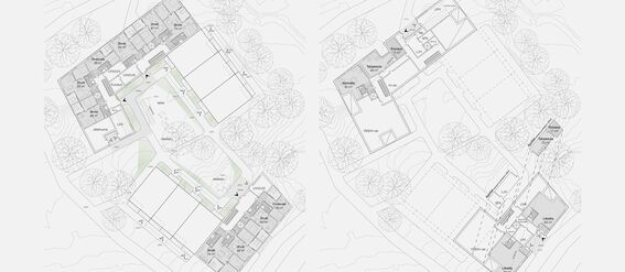 Two architectural floor plans side by side, showing detailed layouts of buildings and surrounding greenery.