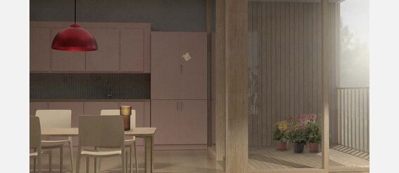 A modern kitchen with pink cabinets, wooden floor, dining table, and potted plants on a balcony. Red lamp above table.