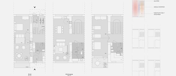 Floor plan of a townhouse with two apartments, showing furniture layout and flexibility of the apartments in detailed drawings.