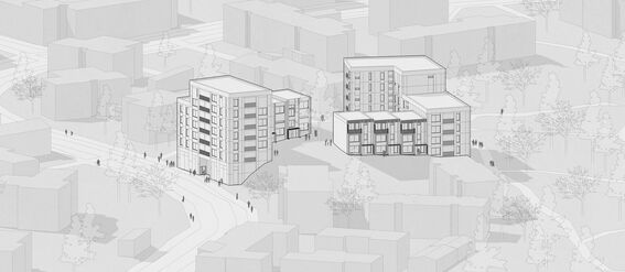 Rendered architectural drawing of two modern buildings with multiple floors positioned within an urban environment. Picture is in shades of grey.