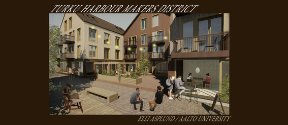 A visualization of an architectural design: A modern courtyard with people gathered around. Light brown and beige buildings with large windows surround the area.