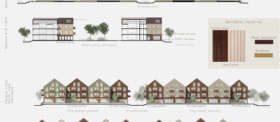 Sections A-A and section B-B, and two facades show wooden buildings with private patios and promenades, including material palette samples.