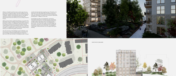 A residential project plan showing modern buildings amidst greenery, with architectural elevation and site plans included. Pictures are in neutral colors.