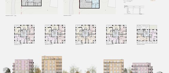 Architectural blueprints for building B with floor plans, concept diagram and elevations. Trees and people visible in elevation views. Pictures are in pastel colors.