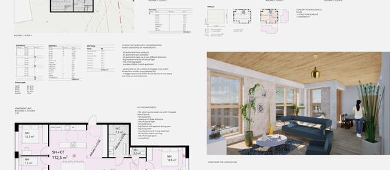 A collage showing multiple floor plans for building C and indoor view from a modern living room with large windows, a grey couch, and indoor plants.
