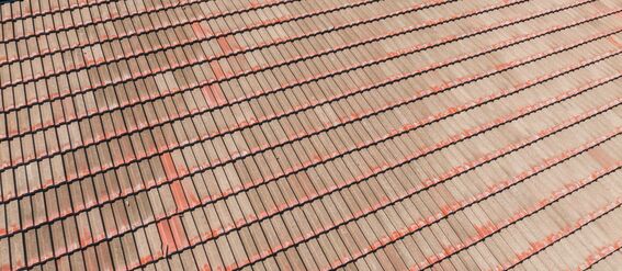 A close-up of a roof covered with beige and red tiles, arranged in neat rows. Trees are visible in the background.