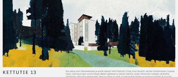 Illustration of a white, multi-storey building surrounded by tall, dark trees and grassy patches under a bright sky.