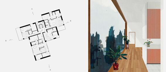 Architectural floor plan on the left and colorful interior illustration on the right with large windows and potted plants.