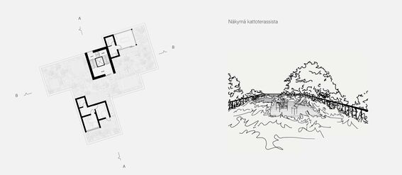 Architectural rooftop plan and sketch of terrace view with trees in background.