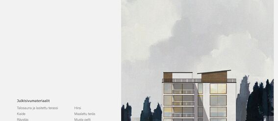 Facade illustration of a modern multi-storey building with large windows, surrounded by trees, and labelled facade materials.