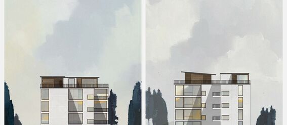 Two architectural elevations of a five-storey white building with balconies, set against a light cloudy sky and dark trees.