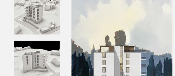 Architectural 3D-models and elevation of a modern, multi-storey apartment building set against a backdrop of trees and a cloudy sky.
