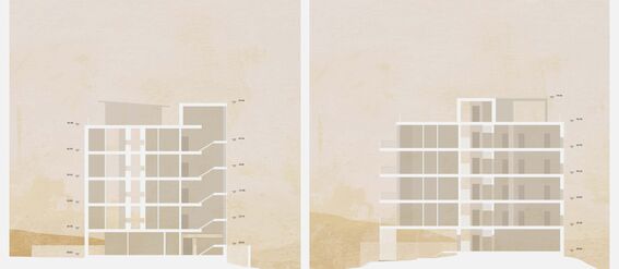 Two architectural section drawings of a multi-storey building, labelled 'Leikkaus A' and 'Leikkaus B'. Background is in shades of yellow.