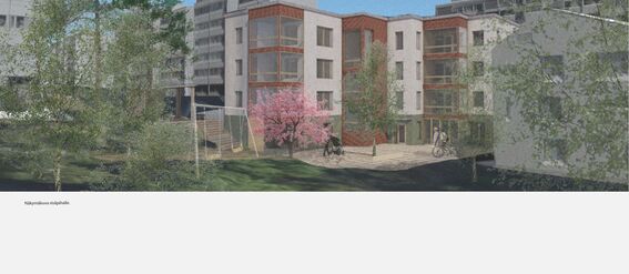 A modern apartment complex surrounded by trees, with people walking and cycling, and a blooming pink tree in the centre.