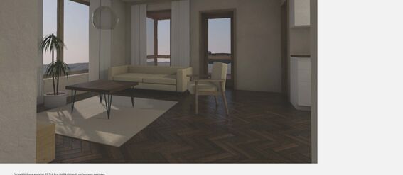 Modern living room with large windows, beige sofa,  wooden table, and white walls. Floor plan drawn below.