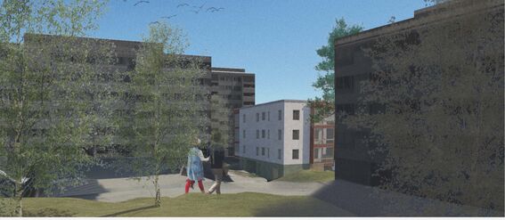 Two people, one in a blue coat and red trousers, walking in a park with buildings in the background.