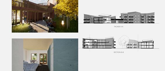 Collage of architectural designs showing rendered pictures of a courtyard and room interior, and black and white drawings of building facade and cross-section.