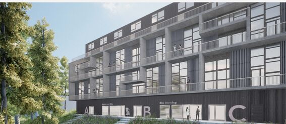 Modern multi-storey housing design with large windows, balconies, and surrounding trees. People are walking near the entrance.