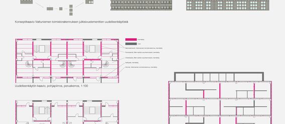 Concept layout and reuse plans for Vattuniemi office building. Includes elevations, diagrams and floor plans.