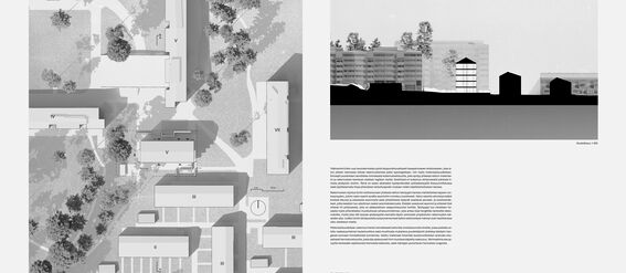 Aerial view of a neighbourhood plan on the left and a building section on the right, with some text beneath. Pictures are in black and white.