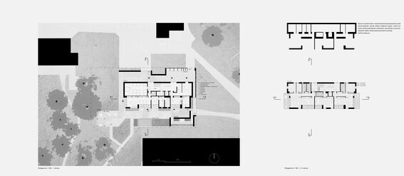 Architectural floor plan drawing showing building layout and surrounding outdoor areas with trees and paths in black and white.