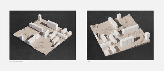 Two architectural models showing a layout of buildings and terrain on a dark surface.