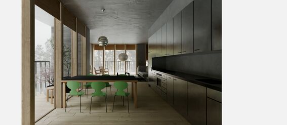 Modern kitchen with large windows, dark cabinets, a wooden dining table with green chairs, and a view of trees outside.