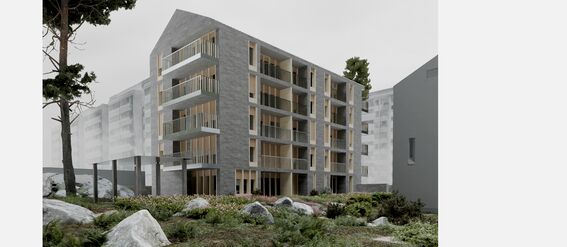 Modern multi-storey apartment building with large balconies, surrounded by greenery and rocks.